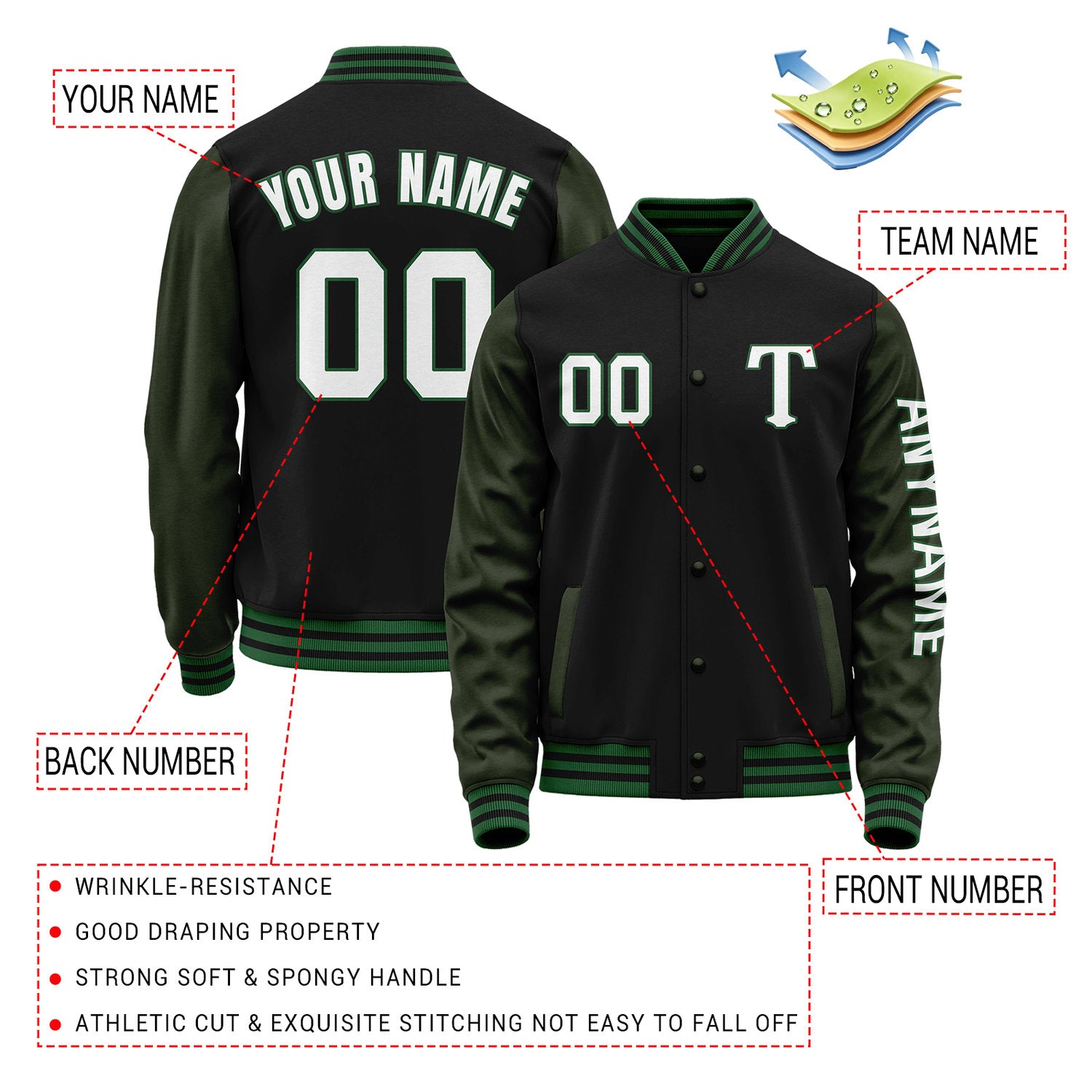 Custom Black & Dark Green Varsity Letterman Jacket | Personalized Baseball Bomber Coat for Adult & Youth