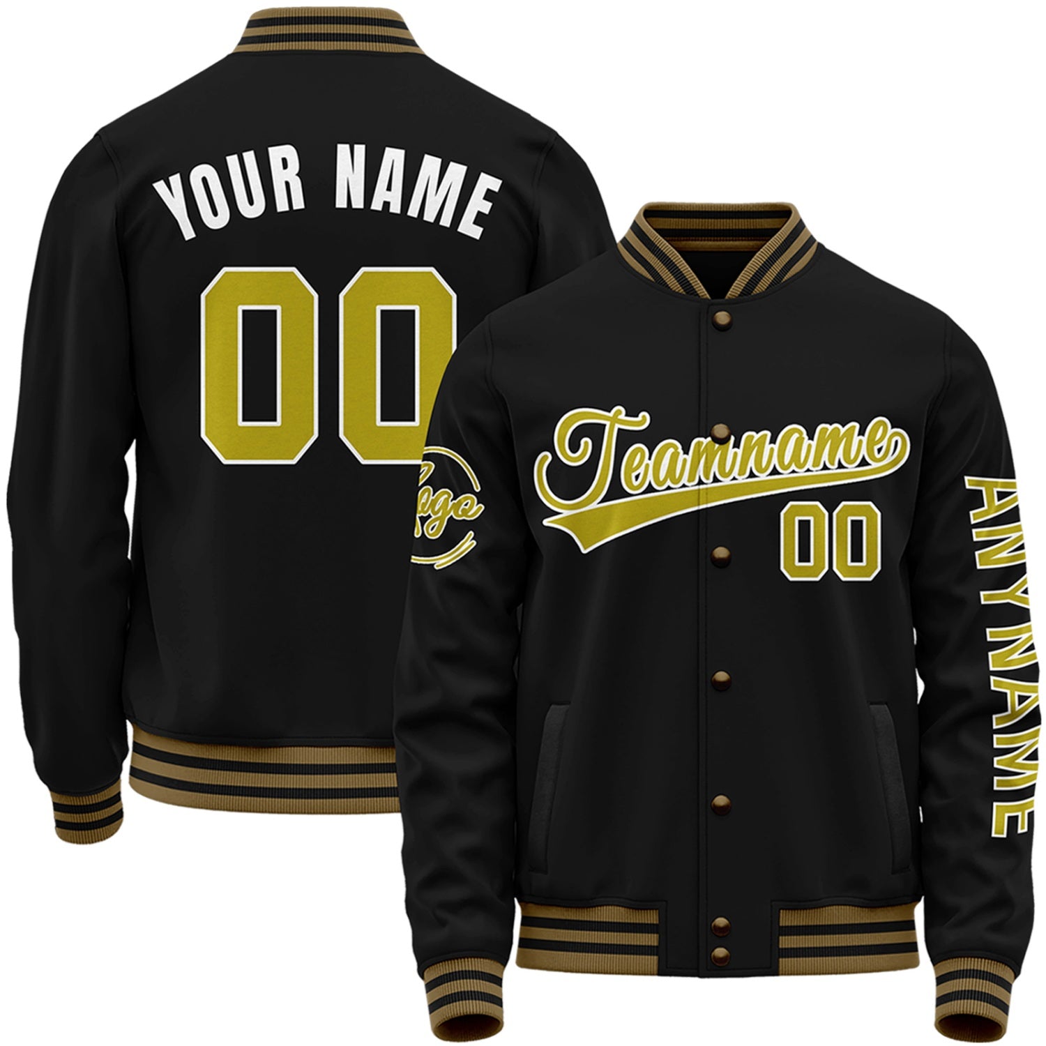 Custom black and gold baseball jackets for high school teams by Vosoli with stitched name, number and logo. Classic varsity jacket for baseball and casual wear.