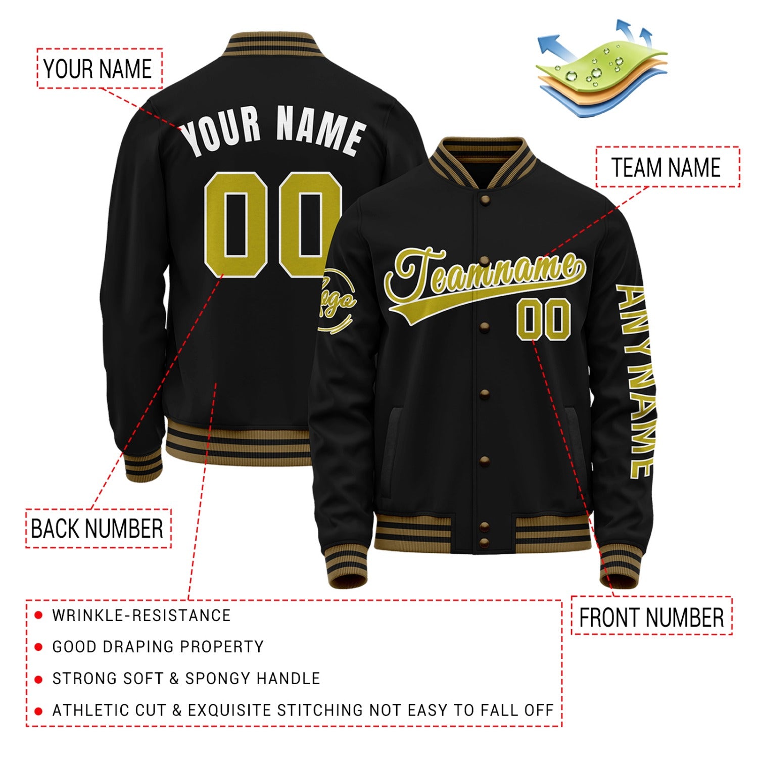 Custom Black & Gold Varsity Letterman Jacket | Personalized Stitched Team Name Number Outerwear