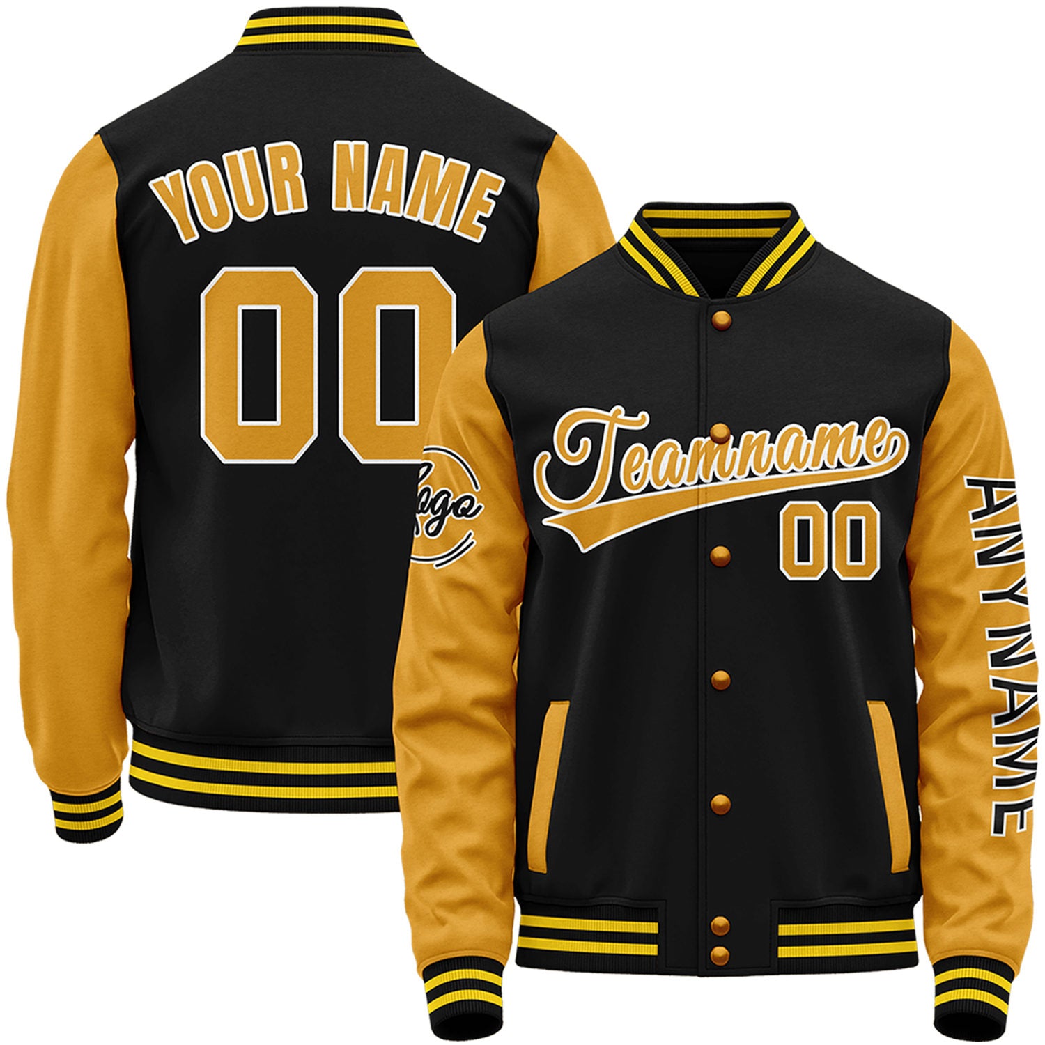 Custom black and gold baseball jackets online by Vosoli with stitched name, number and logo. Classic varsity jacket for baseball and casual wear.