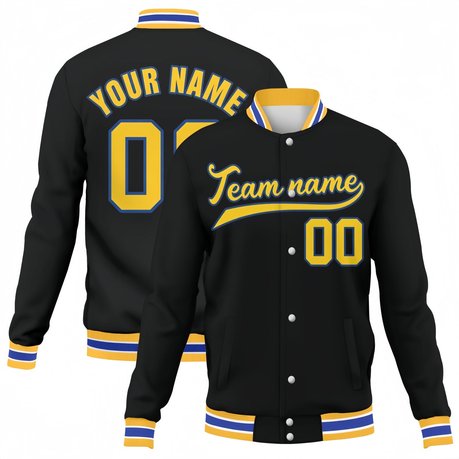 Custom black-gold stitched varsity baseball jacket by Vosoli | Personalized team name & number button-front jacket for youth & adults