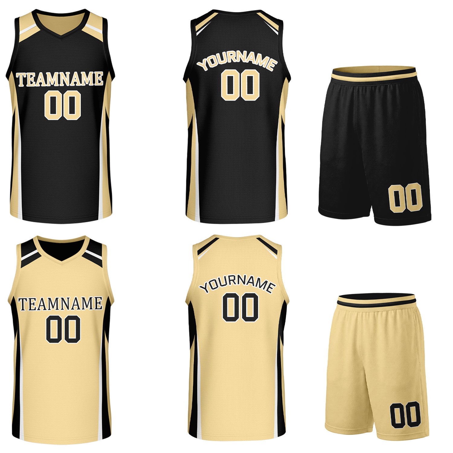 Custom black and gold reversible basketball uniform by Vosoli. Personalized with team name, number, and logo. Breathable mesh jersey and shorts for high school, college, and AAU teams.