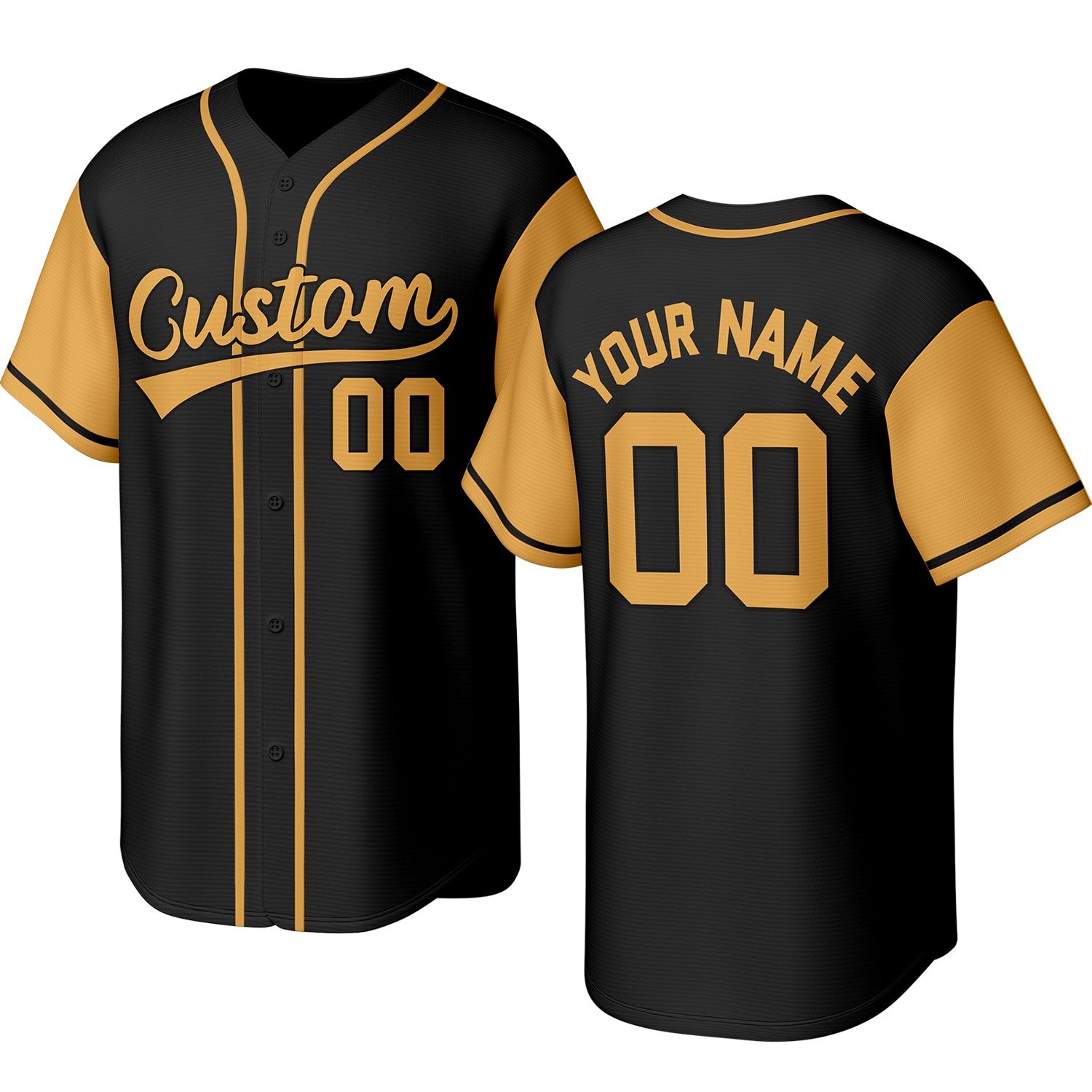 Custom black & gold baseball jersey with stitched logo, personalized name & number, button-front short-sleeve sports uniform for team men women youth game practice - Vosoli