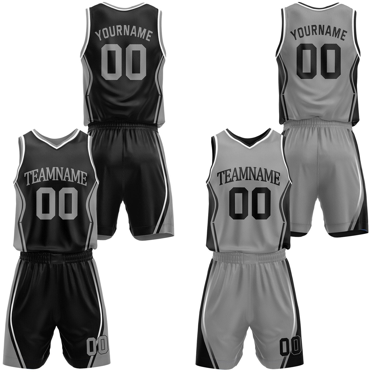 Custom black & gray reversible basketball jersey shorts set by Vosoli | Personalized block team name number geometric uniform sportswear