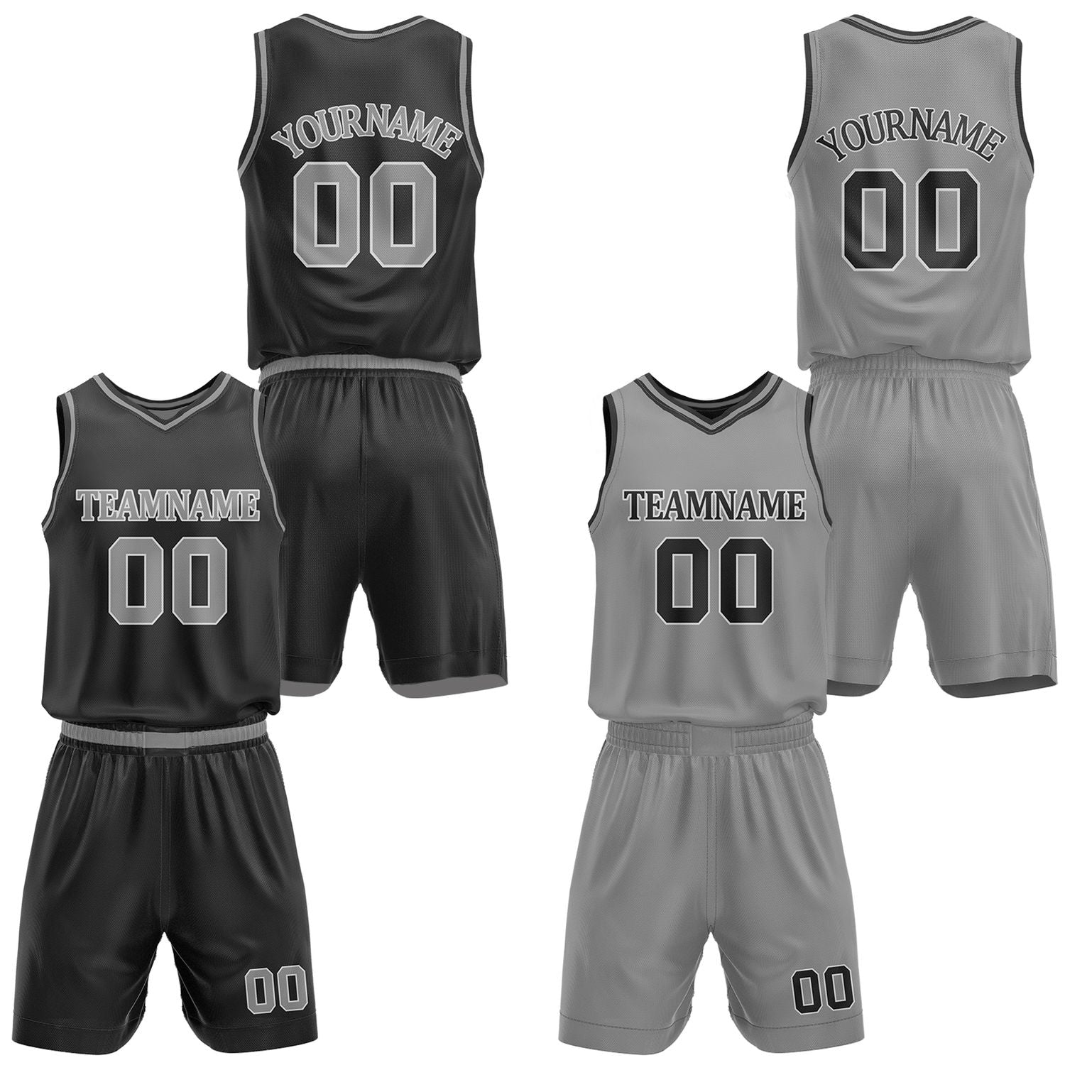 Custom black & gray reversible basketball jersey shorts set by Vosoli | Personalized team name number casual uniform sportswear
