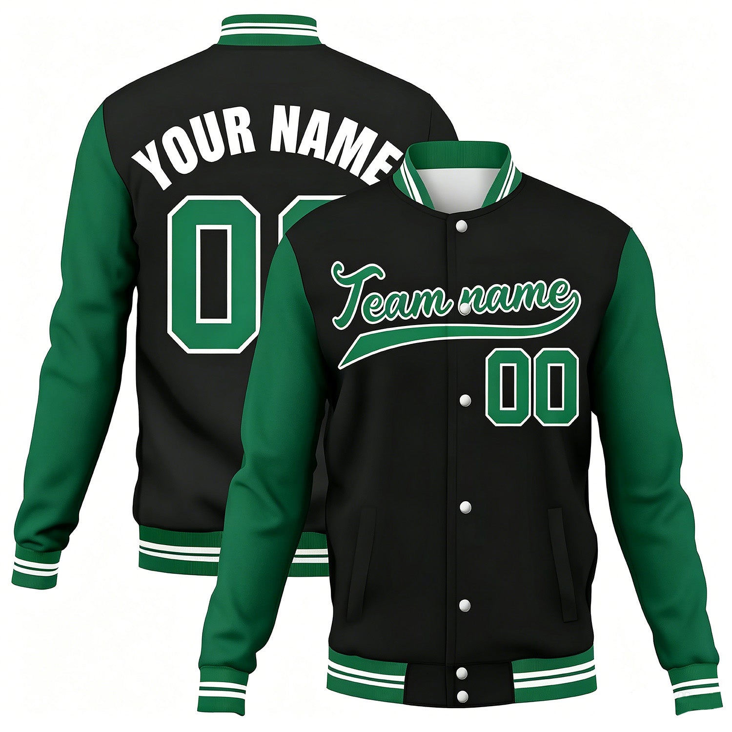 Custom black-green contrast sleeve stitched varsity baseball jacket by Vosoli | Personalized team name & number jacket for youth & adults