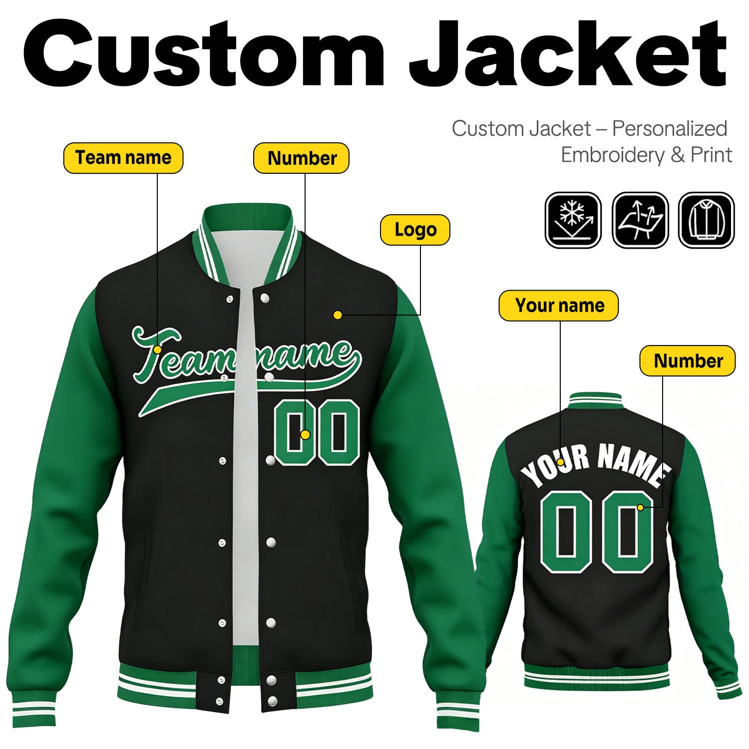 Custom Black & Green Contrast Sleeve Varsity Baseball Jacket | Personalized Team Name & Number