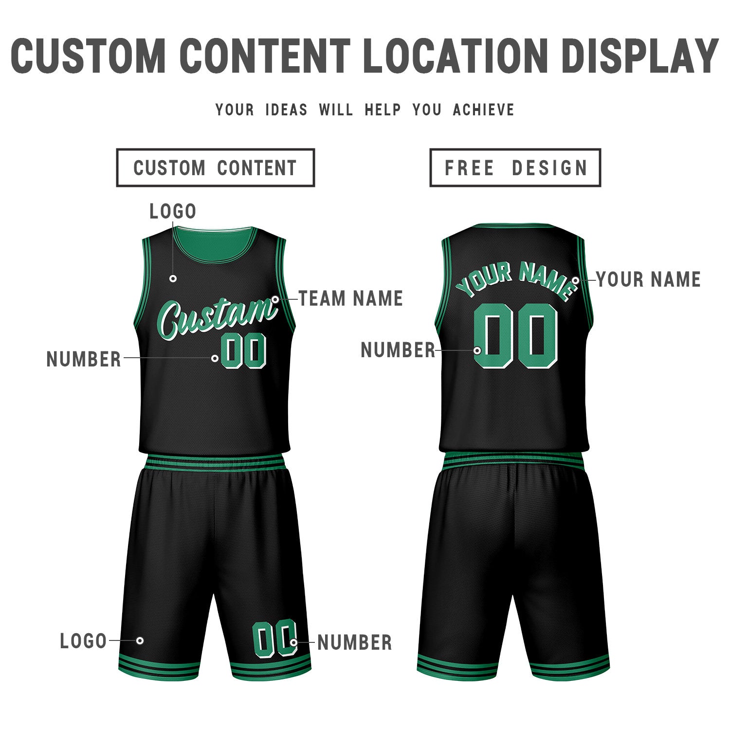Custom Black Green Reversible Basketball Jersey Set | Personalized Name Number Mesh Sports Uniform