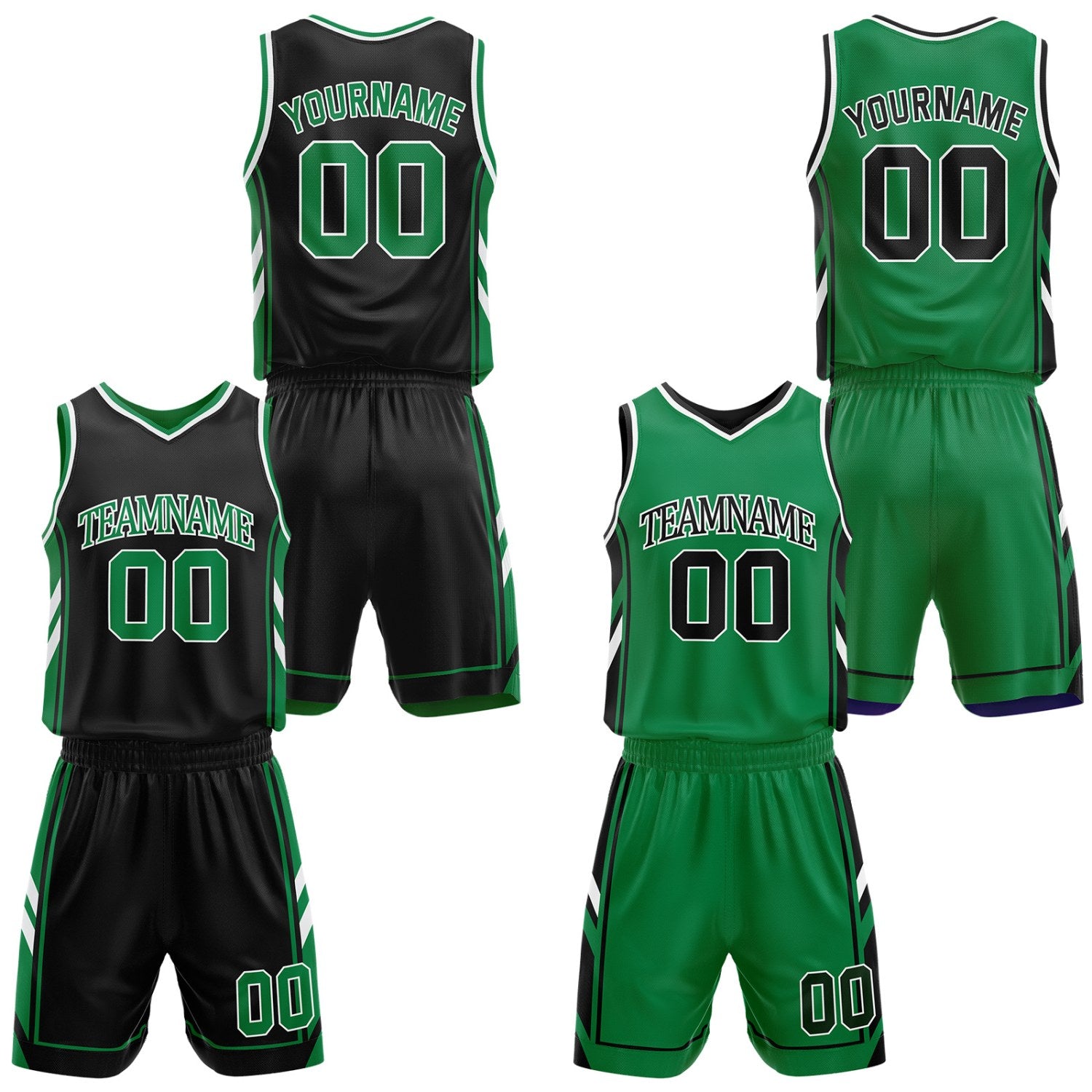 Custom black and green reversible basketball uniform by Vosoli. Personalized with team name, number, and logo. Breathable mesh jersey and shorts for high school, college, and AAU teams.