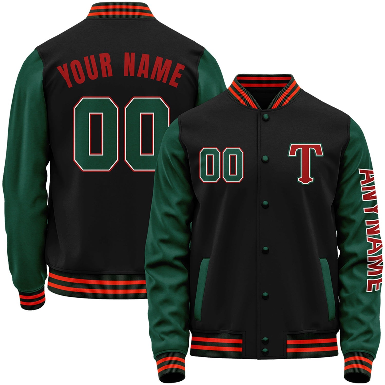 Custom black and green youth baseball team jacket by Vosoli with stitched name, number and logo. Classic varsity jacket for baseball and casual wear.