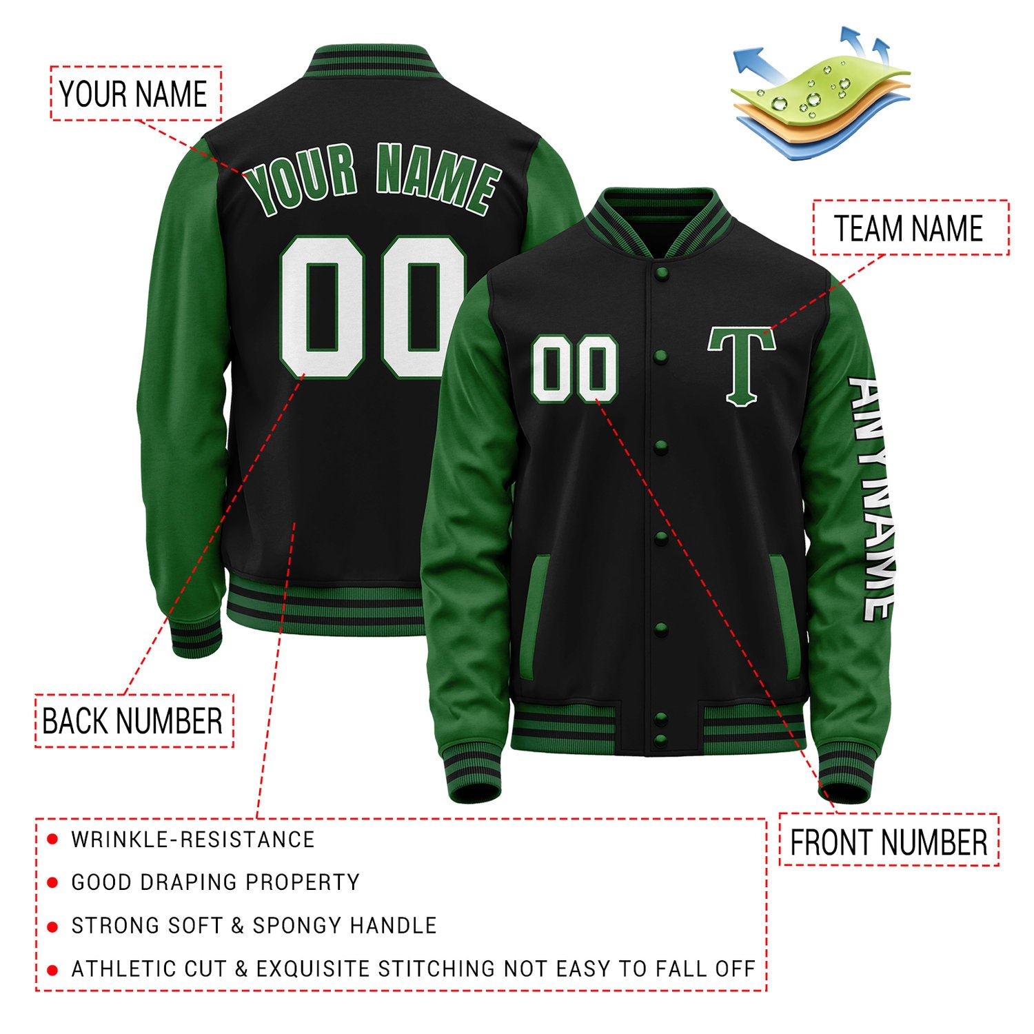 Custom Black & Green Varsity Letterman Jacket | Personalized Baseball Bomber Coat for Adult & Youth