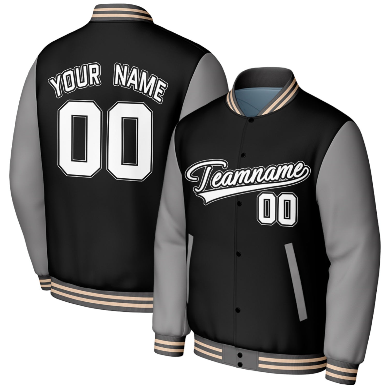 custom black grey high school baseball team jackets by Vosoli, personalized stitched name, number & logo, classic button up varsity letterman jacket for high school baseball team and casual wear