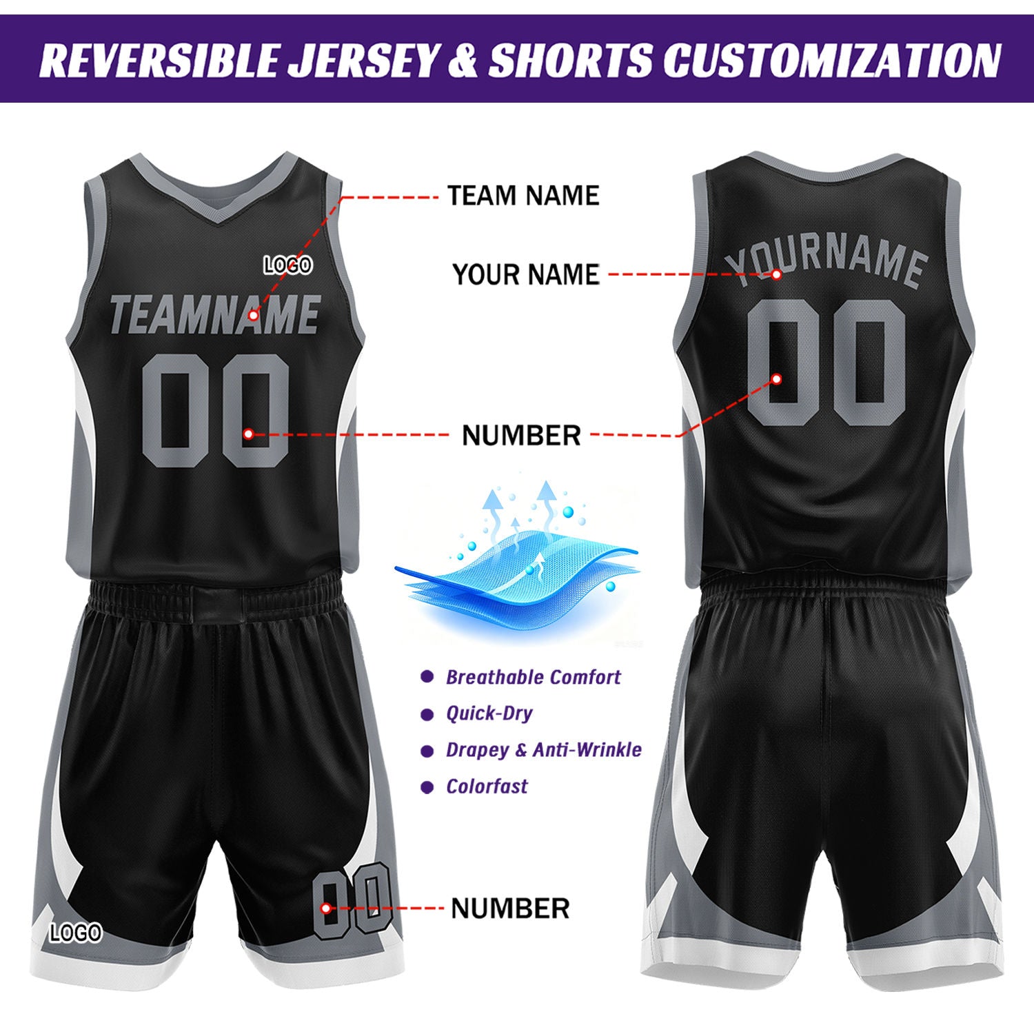 Custom Black Grey Reversible Basketball Jersey Set | Personalized Name Number Mesh Sports Uniform