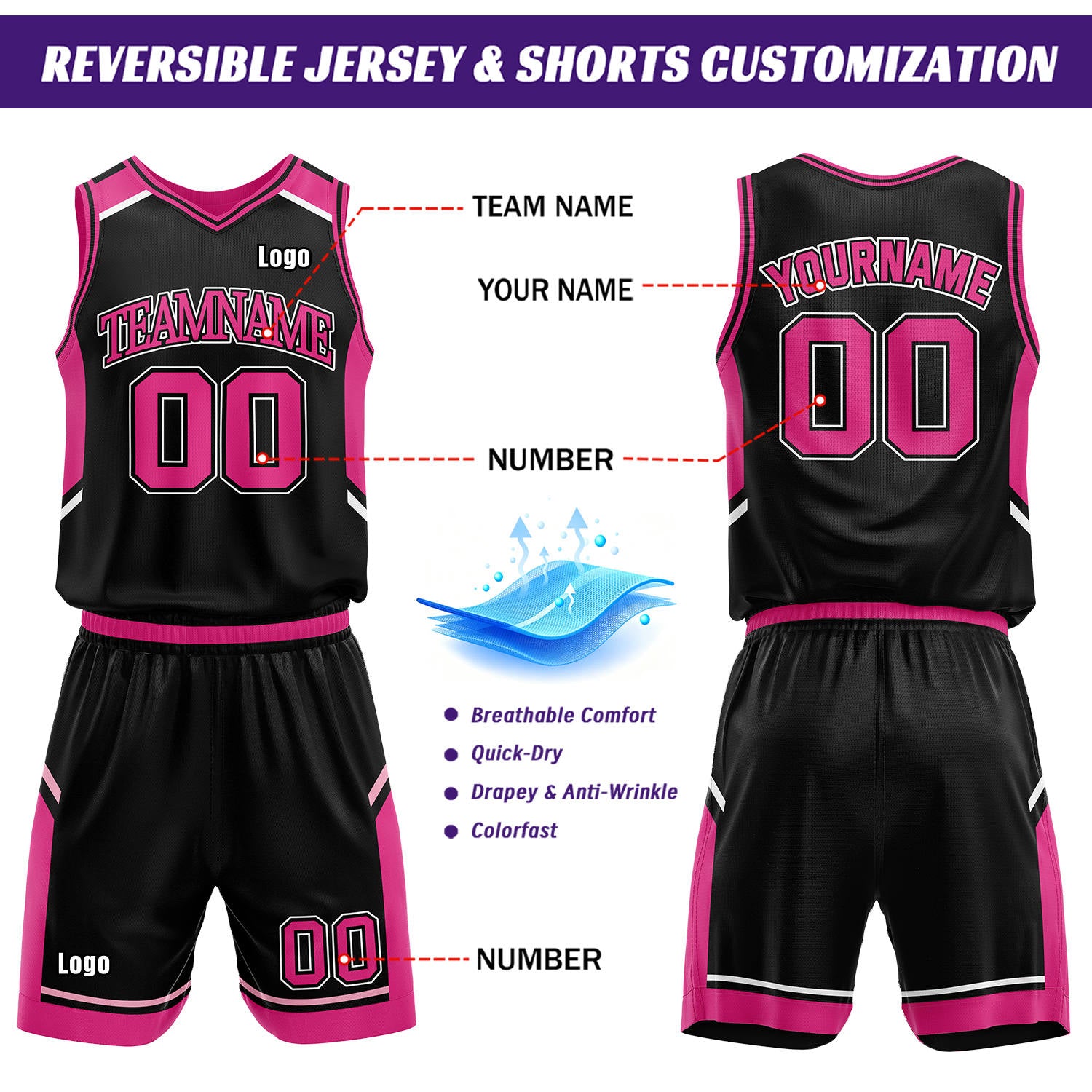 Custom Reversible Basketball Uniform Set | Black & Hot Pink V-Neck Sleeveless Jersey & Athletic Shorts
