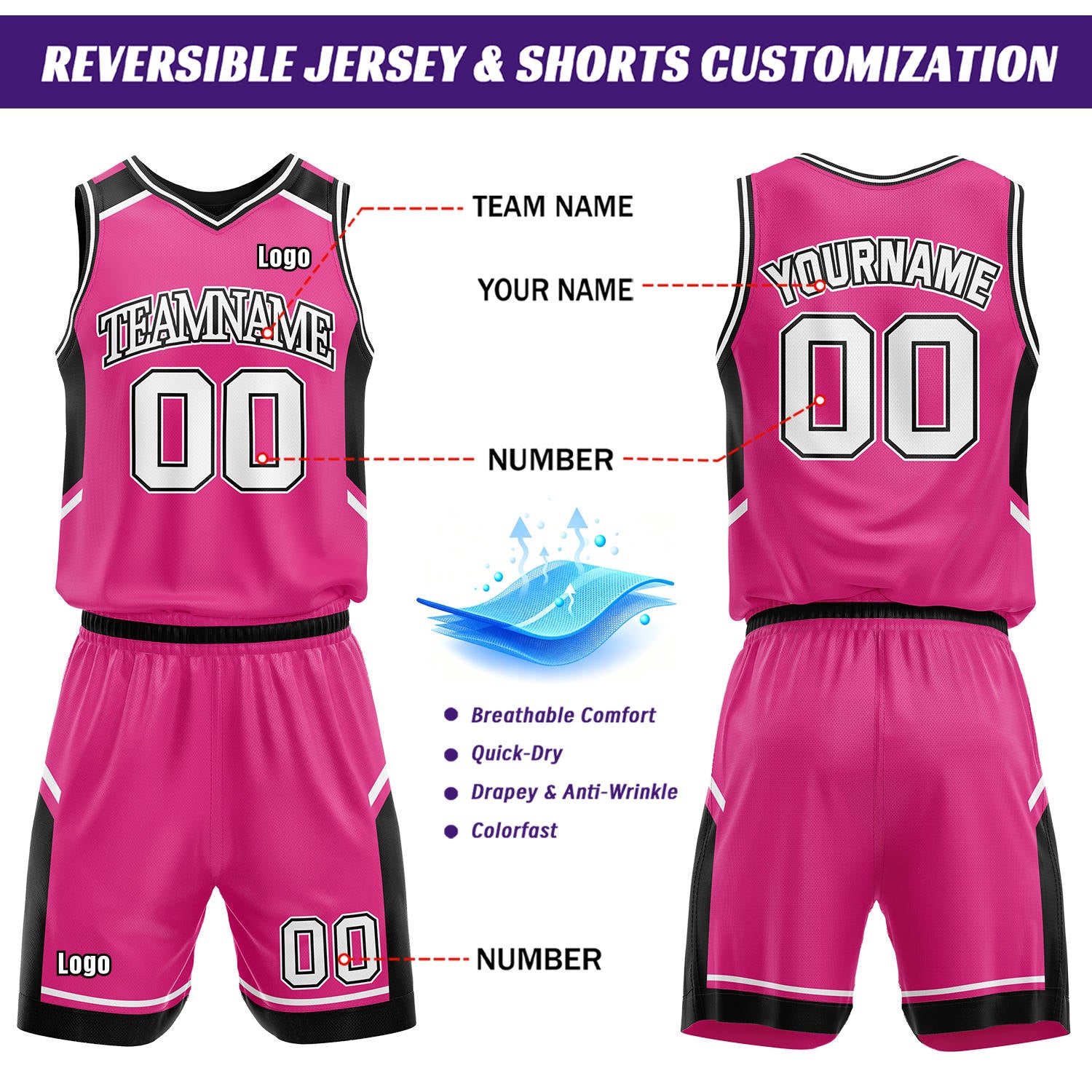 Custom Reversible Basketball Uniform Set | Black & Hot Pink V-Neck Sleeveless Jersey & Athletic Shorts