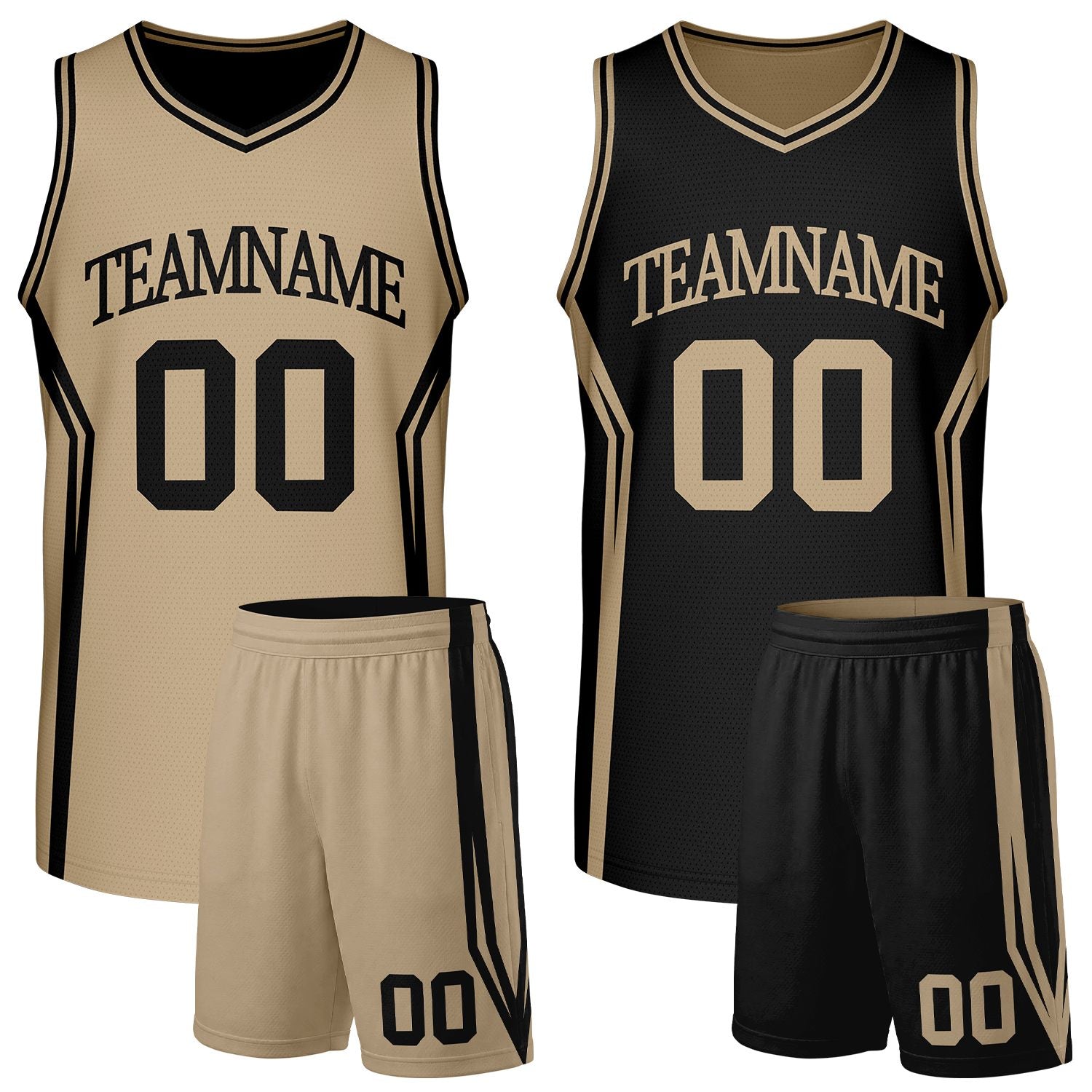 Custom black and khaki basketball jersey and shorts, reversible set with personalized name & number, breathable mesh for adult & youth.