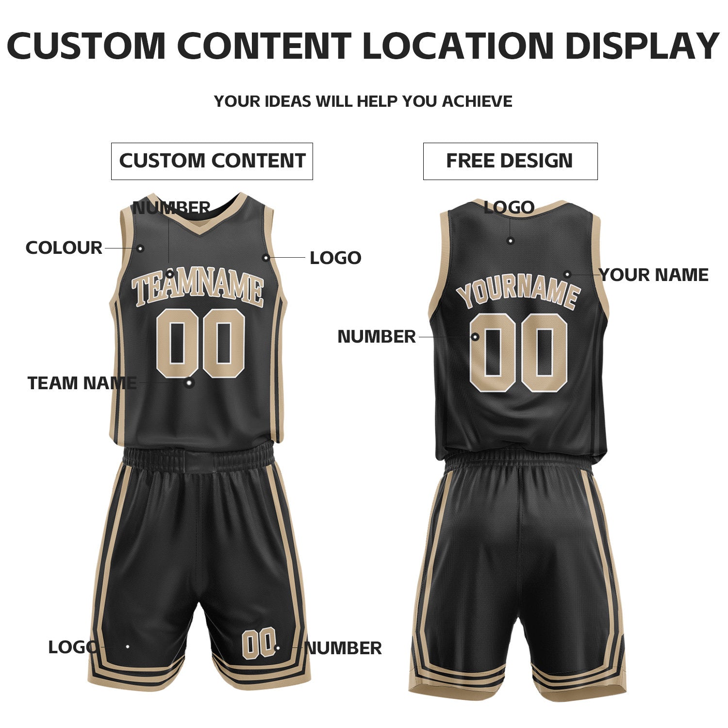 Custom Black & Khaki Reversible Basketball Jersey Shorts Set | Personalized Full Vintage Team Uniform