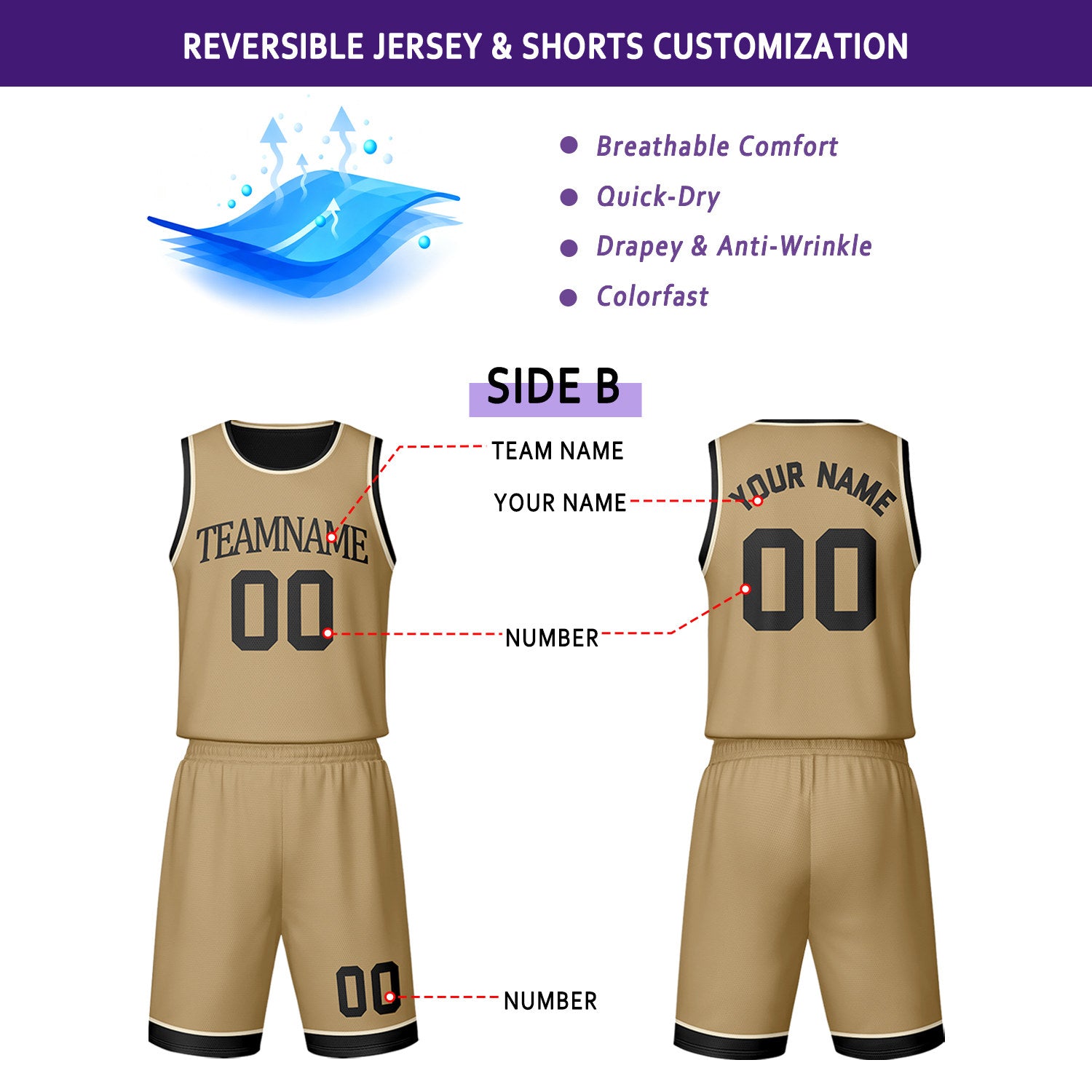 Custom Black & Khaki Reversible Basketball Jersey Shorts Set | Personalized Team Uniform