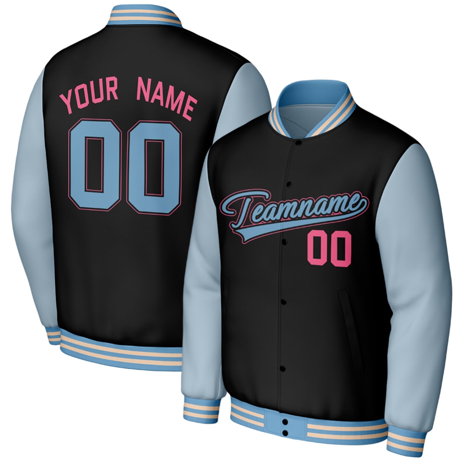custom black lightblue college baseball team jackets by Vosoli, personalized stitched name, number & logo, classic button up varsity letterman jacket for college baseball team and casual wear