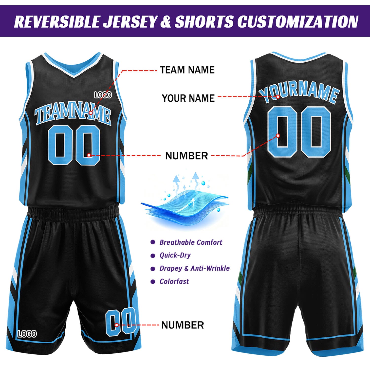 Custom Black & Light Blue Reversible Basketball Uniform Set | Personalized Name Number Sports Jersey Shorts Kit