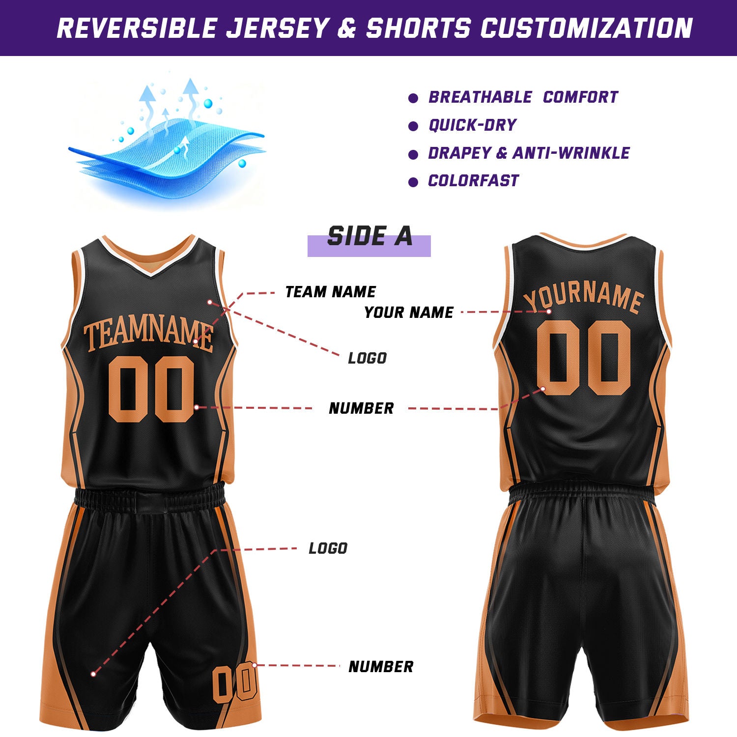 Custom Black & Orange Reversible Geometric Basketball Jersey Shorts Set | Personalized Team Uniform