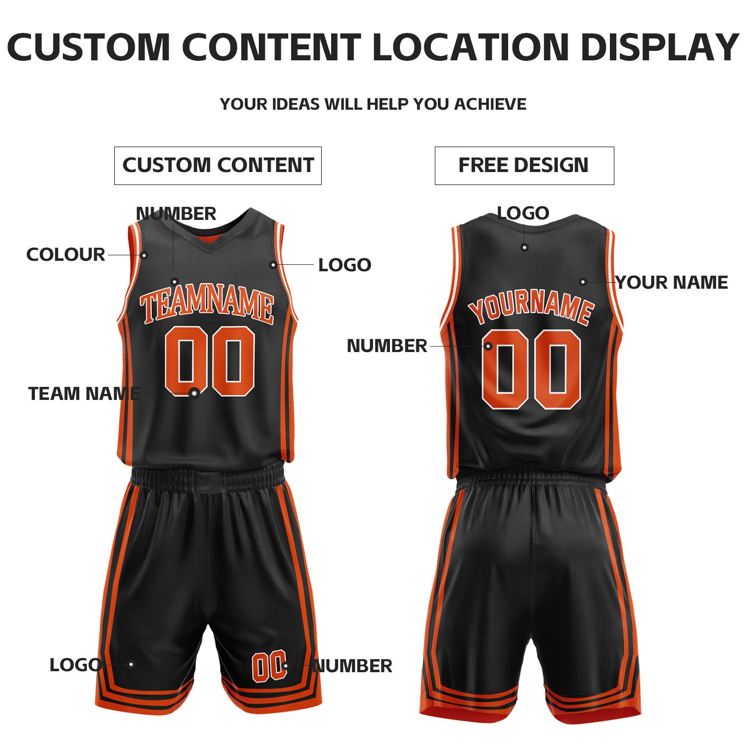 Custom Black & Orange Reversible Basketball Jersey Shorts Set | Personalized Full Vintage Team Uniform