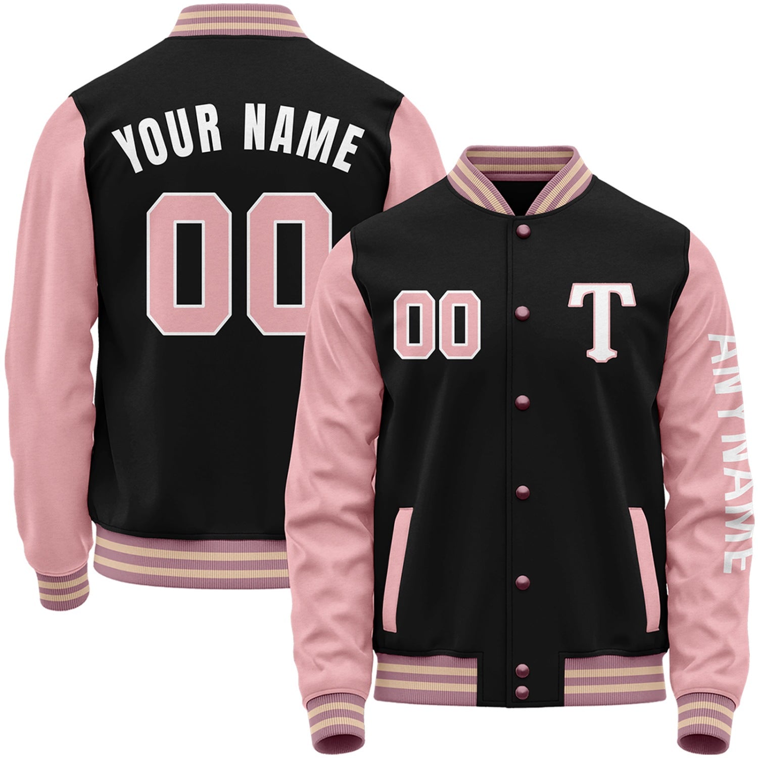 Custom black and pink baseball jacket for girls by Vosoli with stitched name, number and logo. Classic varsity jacket for baseball and casual wear.