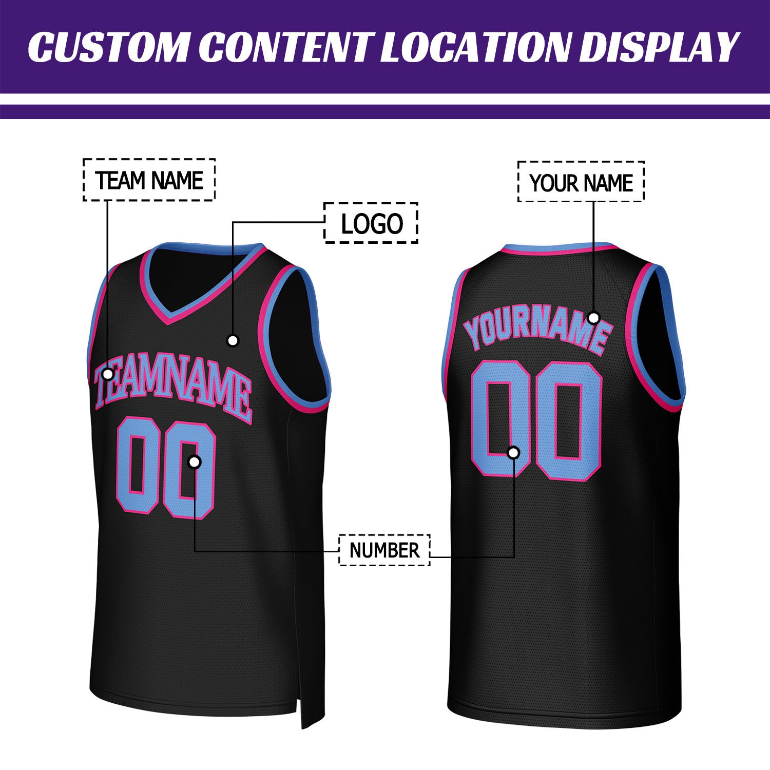 Custom Black & Pink-Blue Basketball Jersey | Personalized Name & Number Team Uniform