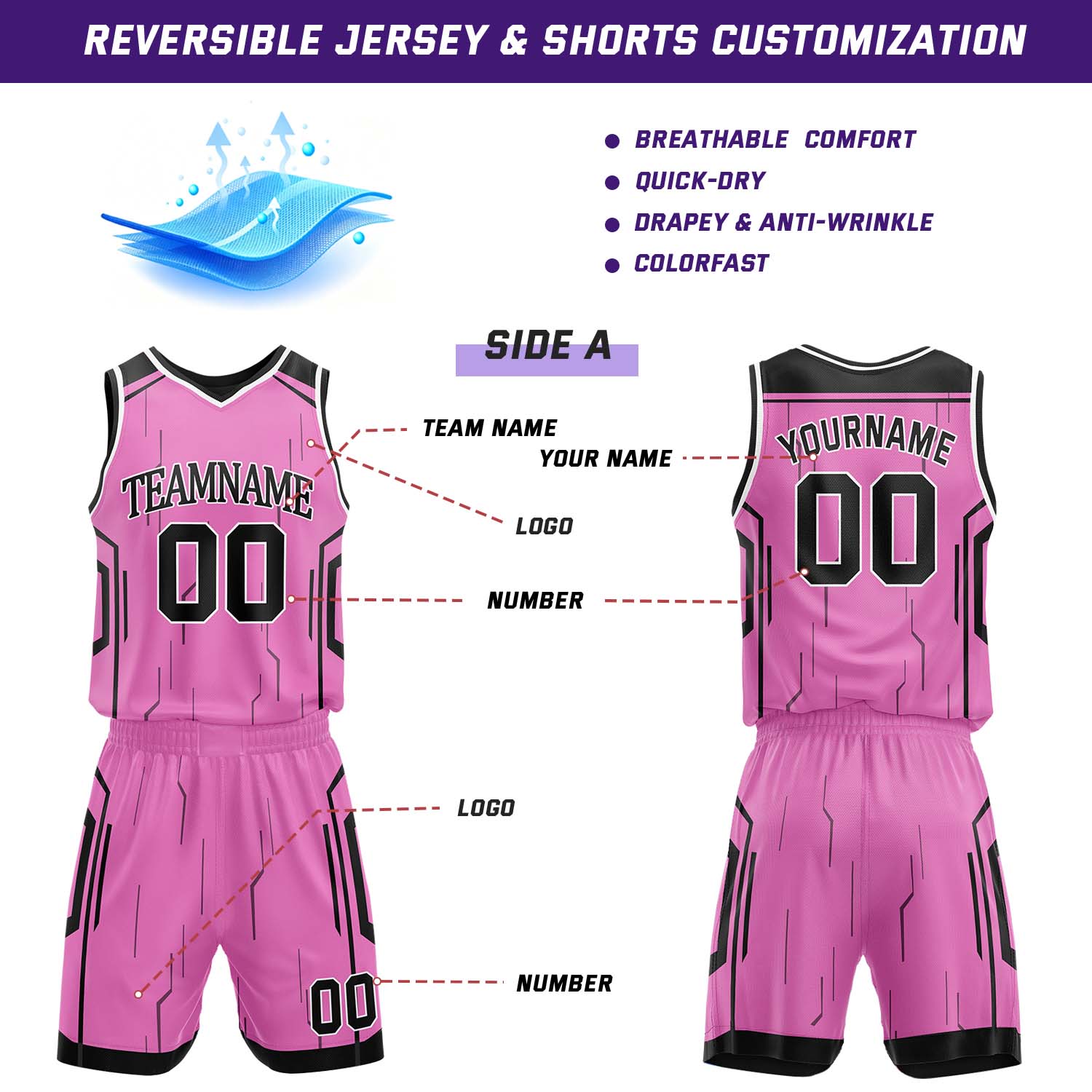 Custom Black & Pink Reversible Geometric Basketball Jersey Shorts Set | Personalized Team Uniform