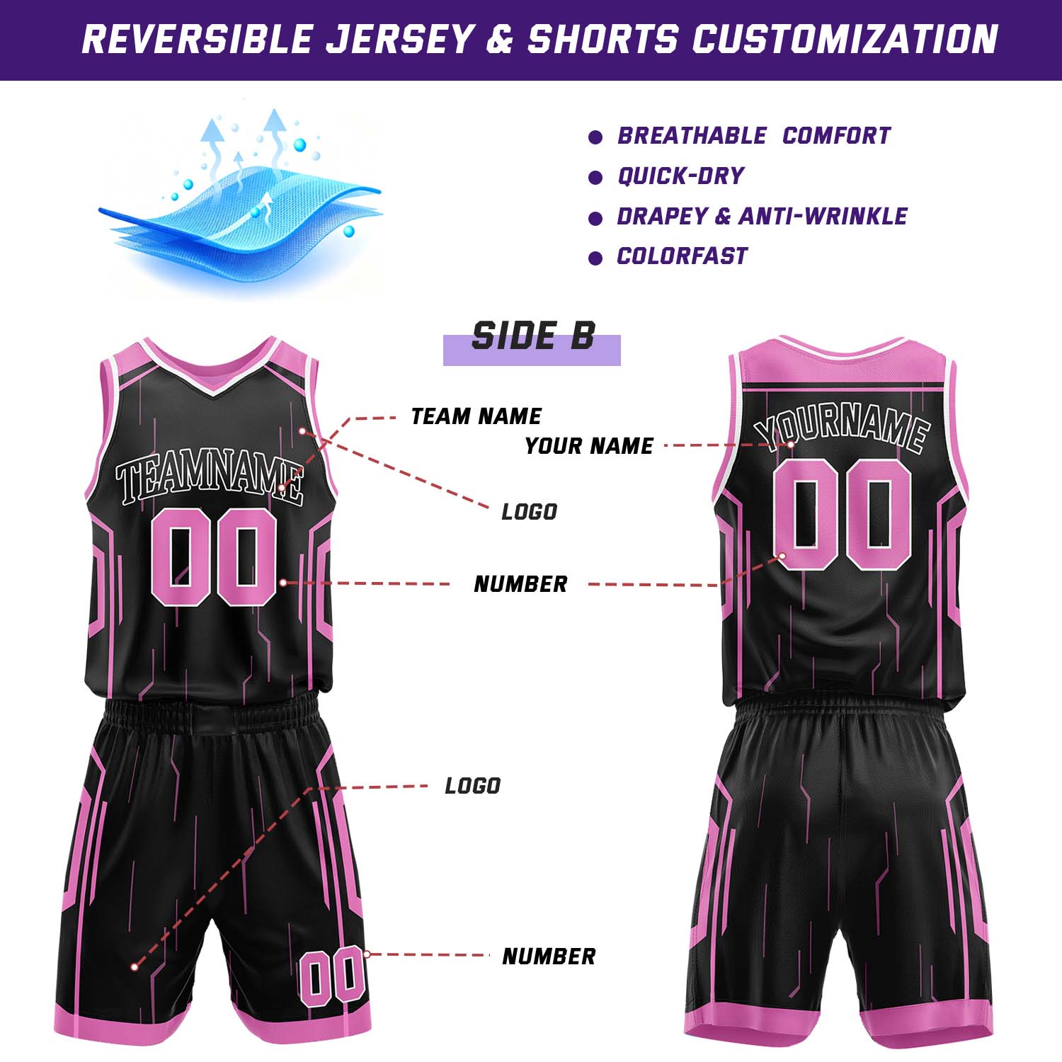 Custom Black & Pink Reversible Geometric Basketball Jersey Shorts Set | Personalized Team Uniform