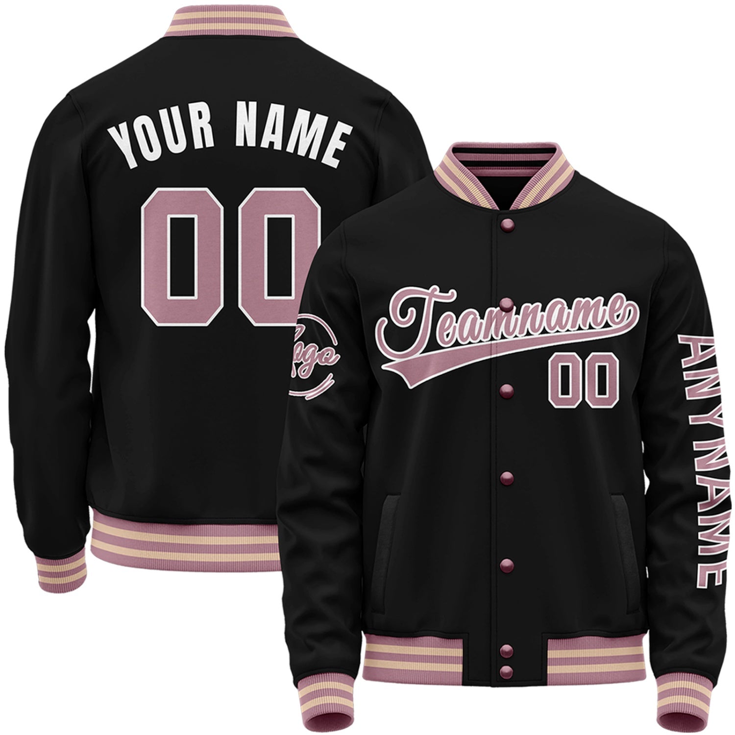 Custom black and pink girl's baseball jackets by Vosoli with stitched name, number and logo. Classic varsity jacket for baseball and casual wear.
