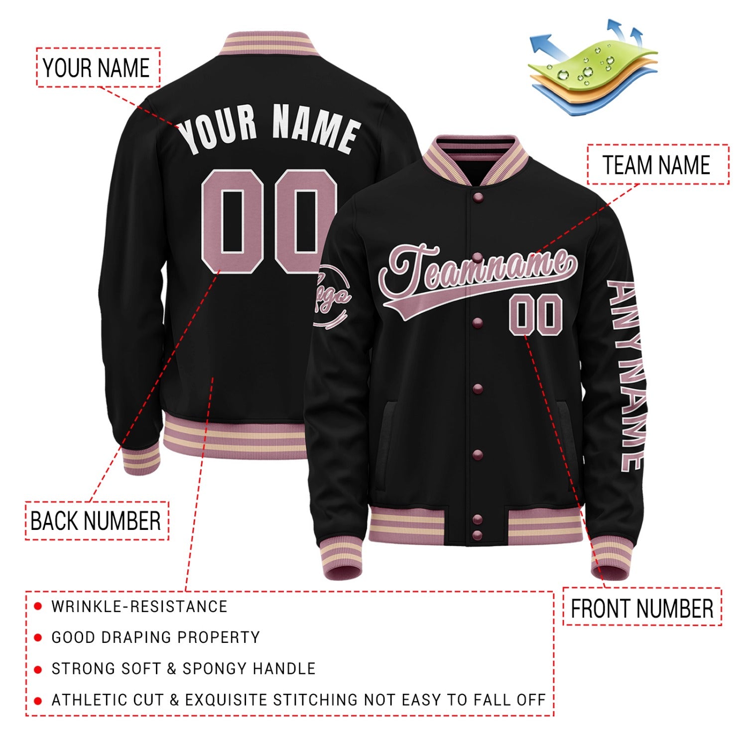 Custom Black & Pink Two Tone Varsity Letterman Jacket | Personalized Stitched Team Name Number Outerwear