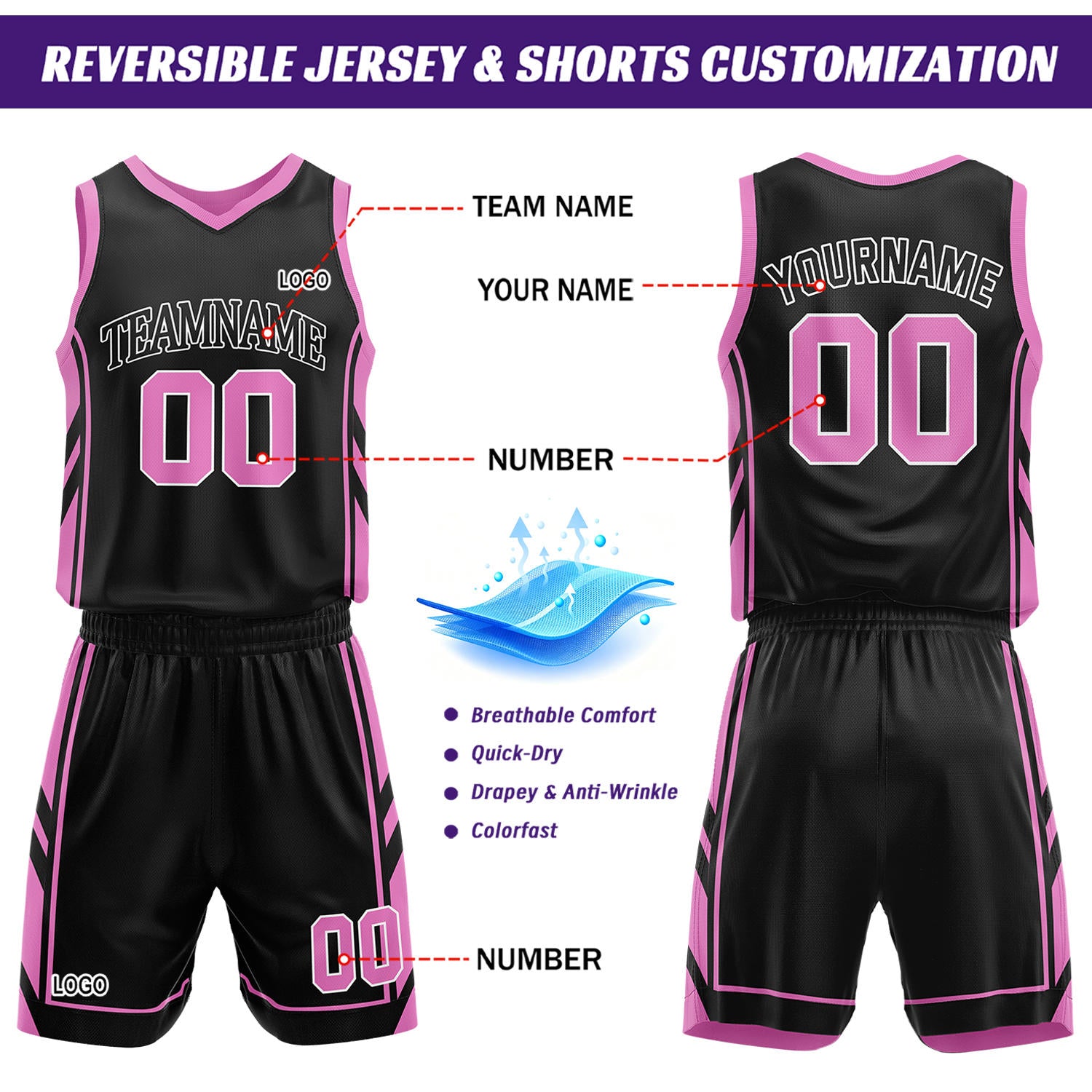 Custom Black & Pink Reversible Basketball Uniform Set | Personalized Name Number Sports Jersey Shorts Kit