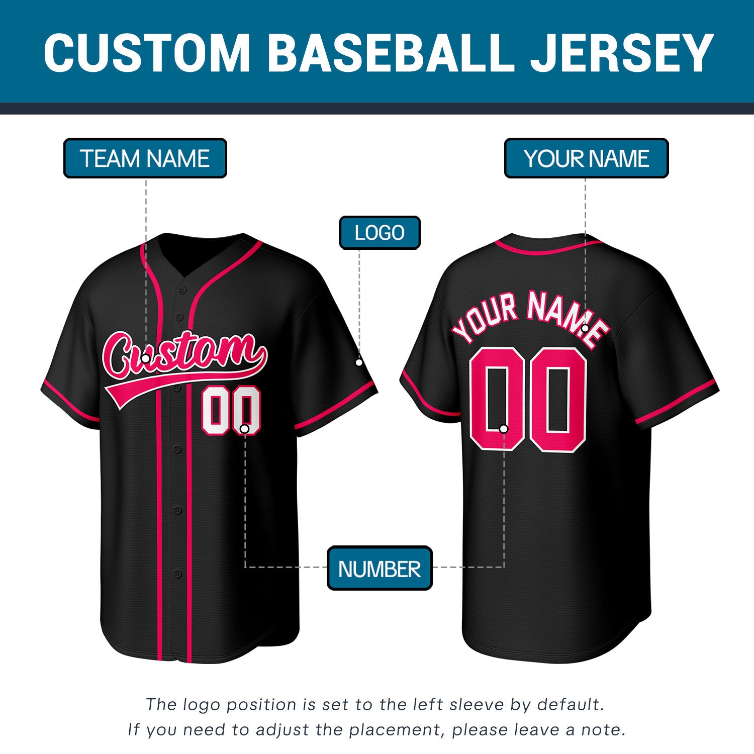Custom Stitched Baseball Jersey Black Pink White | Personalized Name & Number | Team Uniform