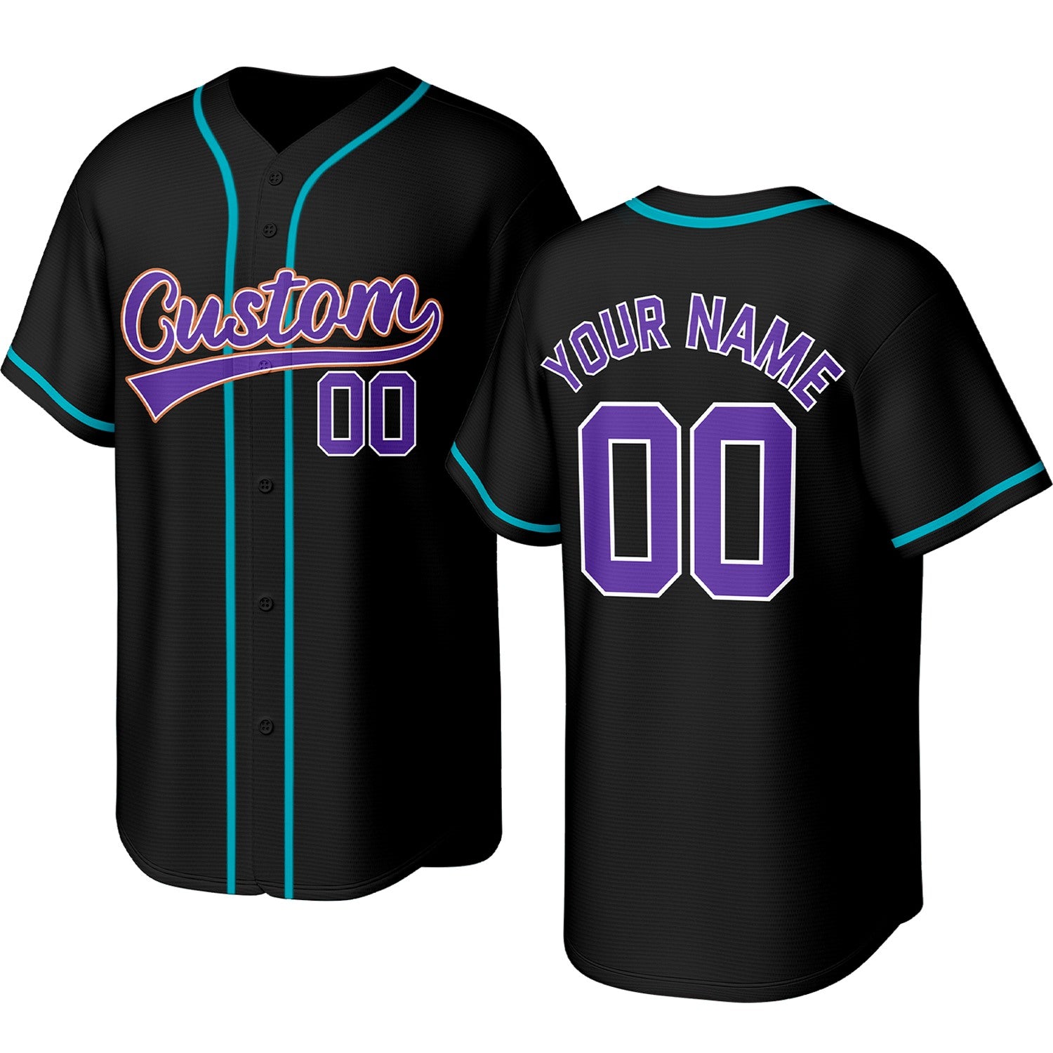 Custom black, purple & aqua baseball jersey with logo, personalized name & number, button-front short-sleeve sports uniform for team men women youth game practice - Vosoli