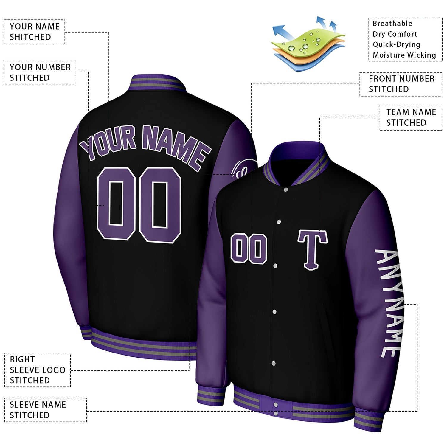 Custom Black & Purple Varsity Baseball Jacket | Personalized Letterman Baseball Bomber for Adult & Youth