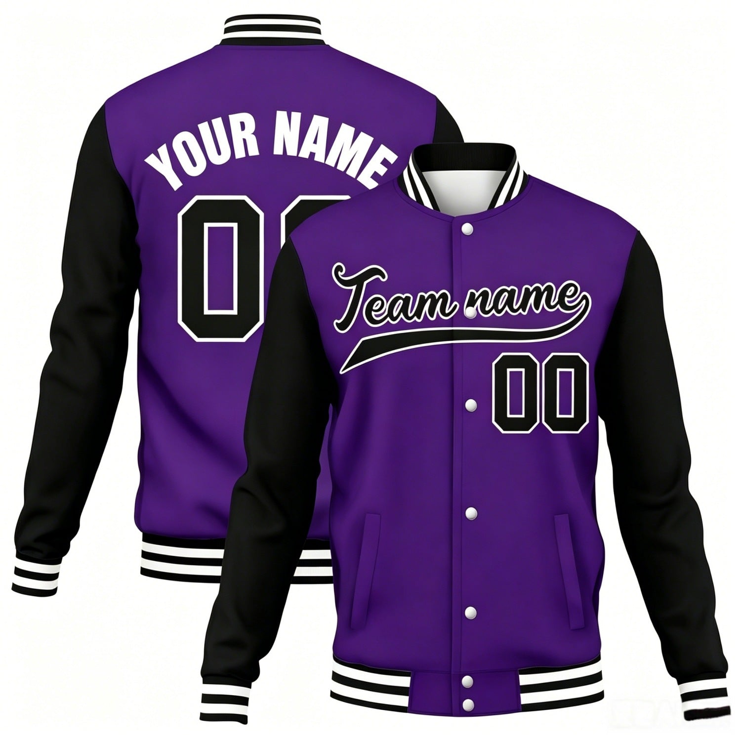 Custom black-purple contrast sleeve stitched varsity baseball jacket by Vosoli | Personalized team name & number jacket for youth & adults
