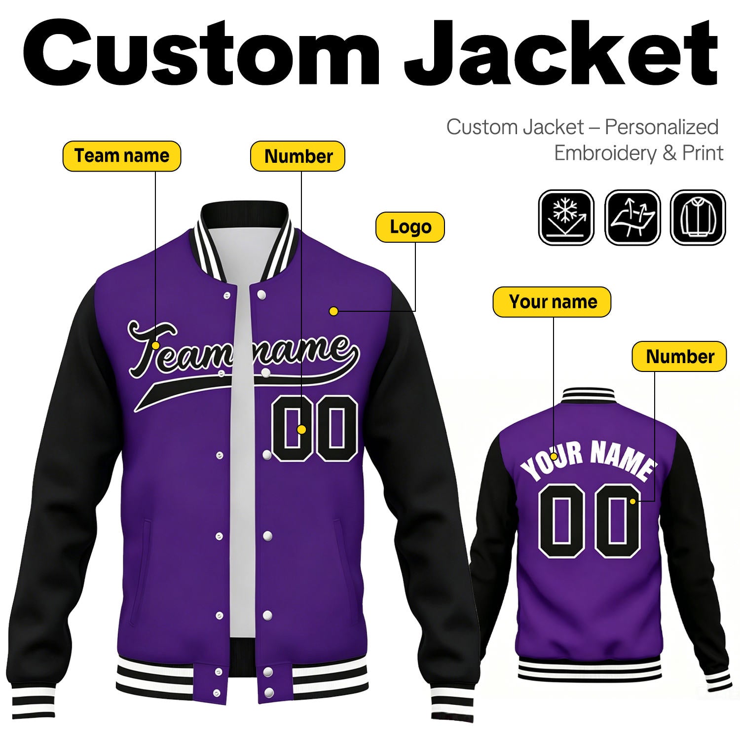 Custom Black & Purple Contrast Sleeve Varsity Baseball Jacket | Personalized Team Name & Number