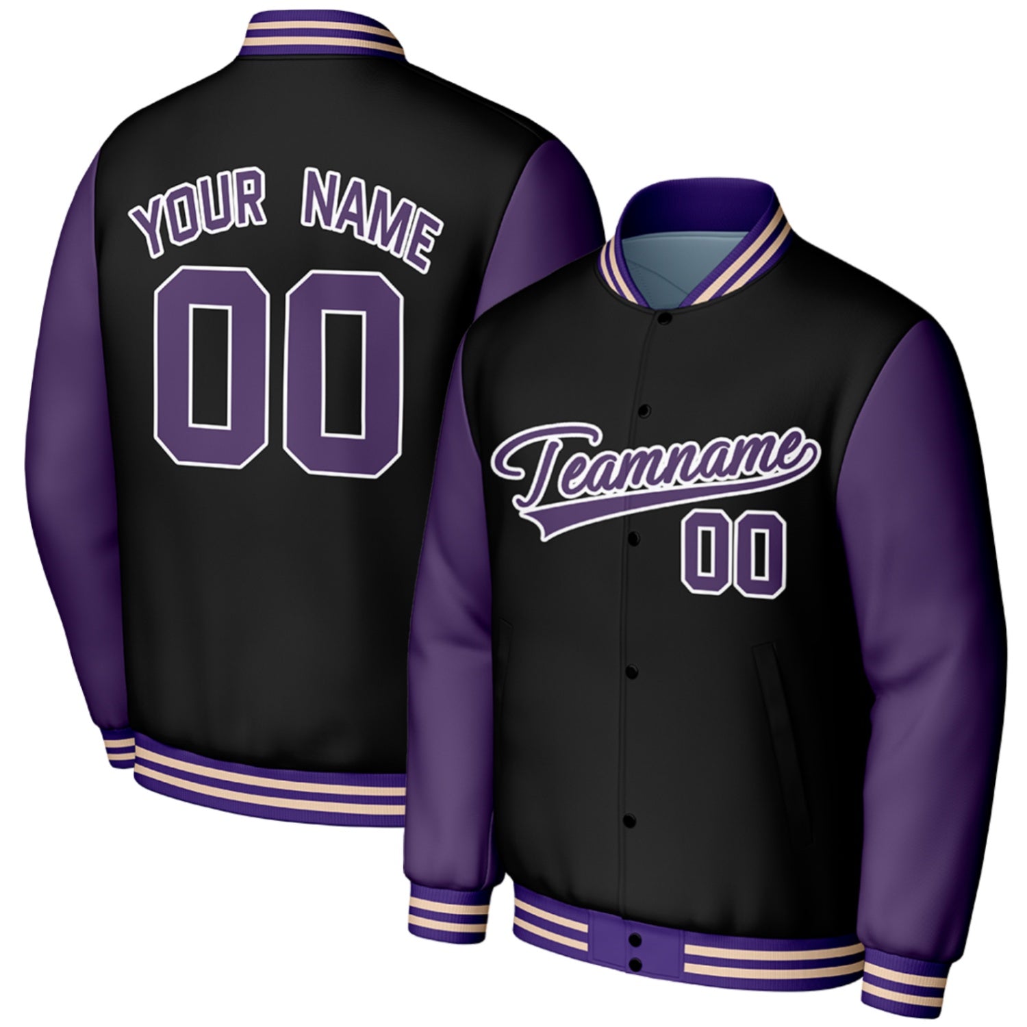 custom black purple college baseball jackets by Vosoli, personalized stitched name, number & logo, classic button up varsity letterman jacket for college baseball team and casual wear