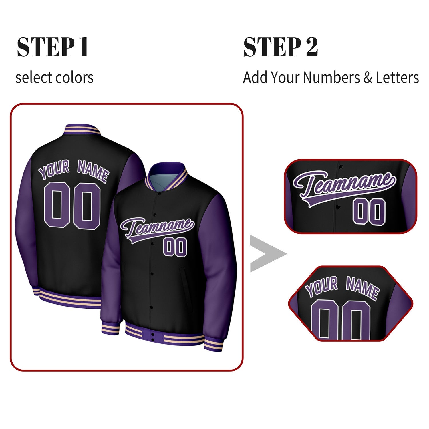 Custom Black & Purple Varsity Baseball Jacket | Personalized Jacket with Stitched Name & Number for Adult & Youth