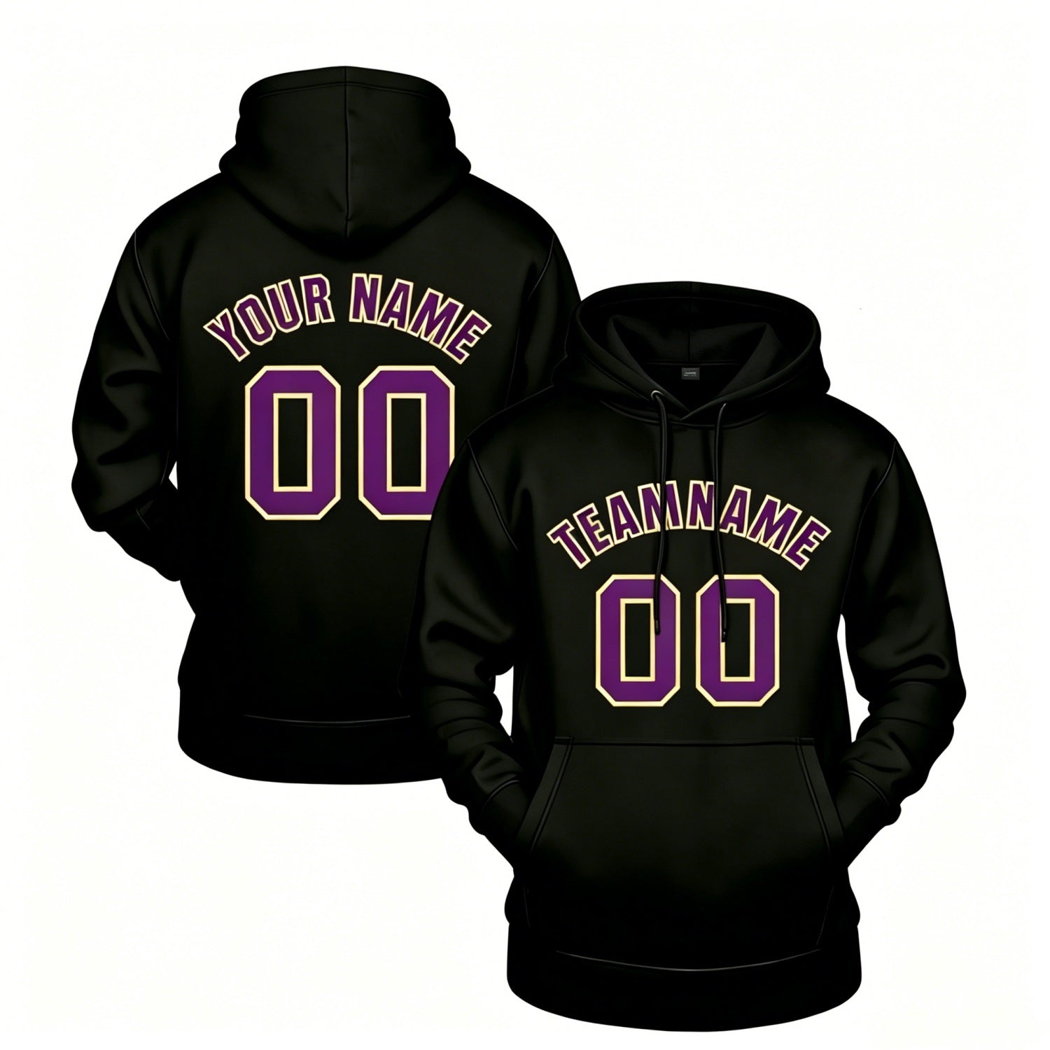 Custom black hoodie with purple print, personalized name & number pullover, casual sports hoodie for men women youth fan wear - Vosoli