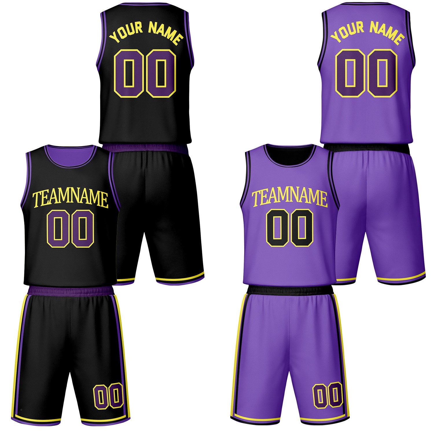 Custom black & purple reversible basketball jersey shorts set by Vosoli | Personalized team name number vintage uniform sportswear