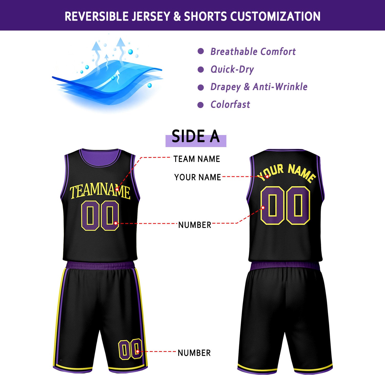 Custom Black & Purple Reversible Basketball Jersey Shorts Set | Personalized Team Uniform