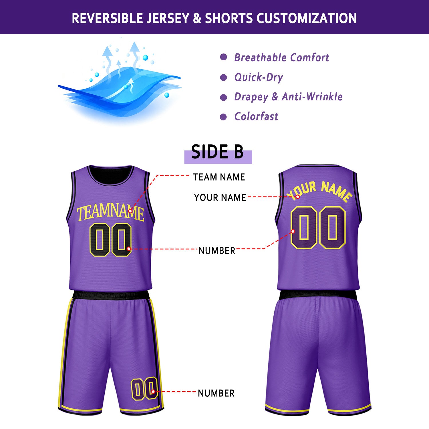 Custom Black & Purple Reversible Basketball Jersey Shorts Set | Personalized Team Uniform
