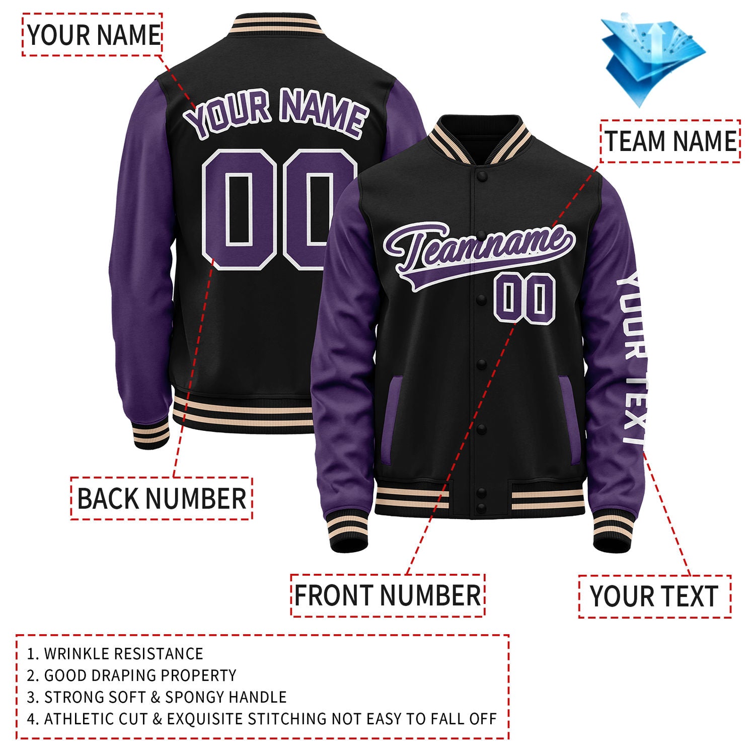 Custom Black Purple Jacket Personalized Team Name Number Letterman Bomber for Adult & Youth