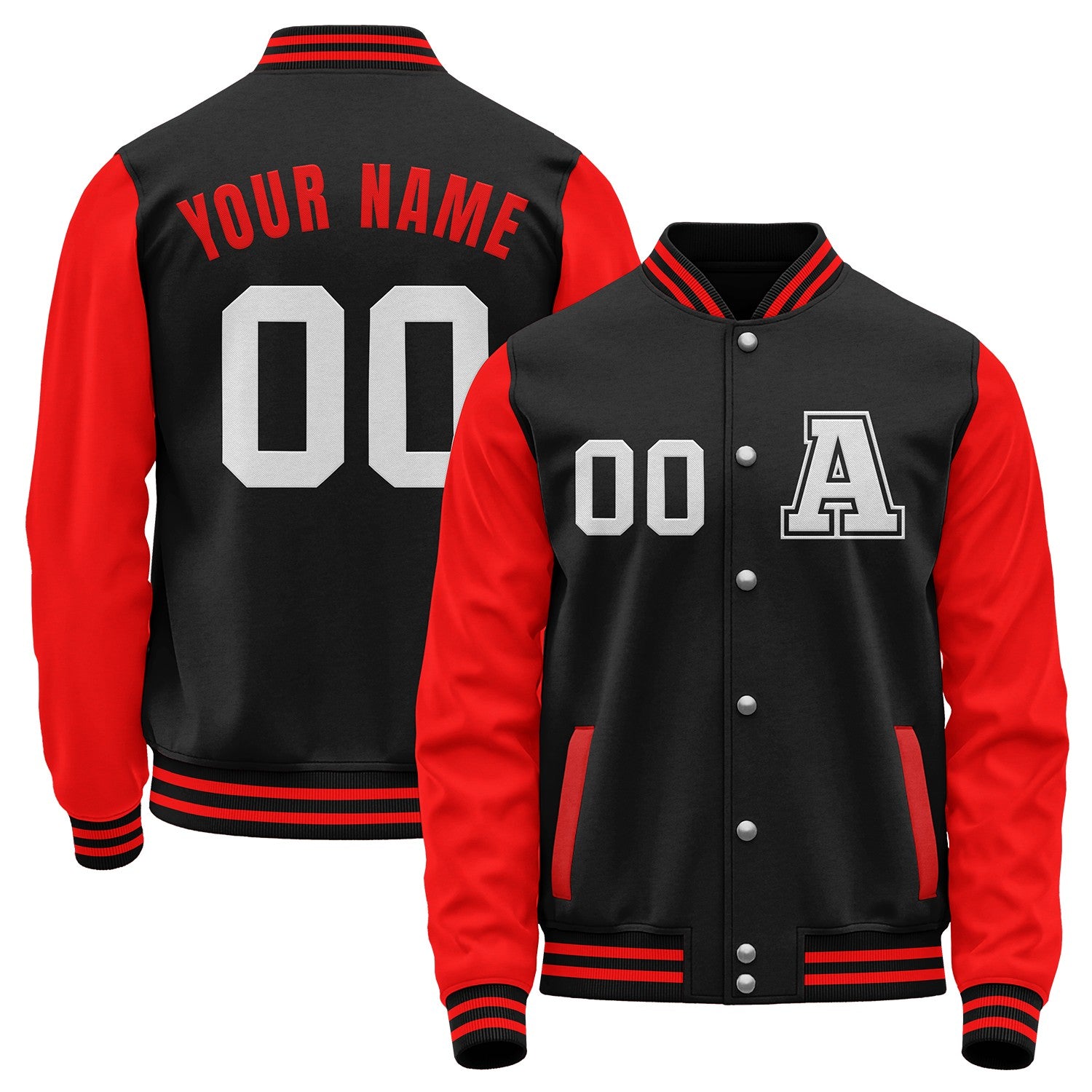 Custom black and red baseball jackets for teams by Vosoli with stitched name, number and logo. Classic varsity jacket for baseball and casual wear.