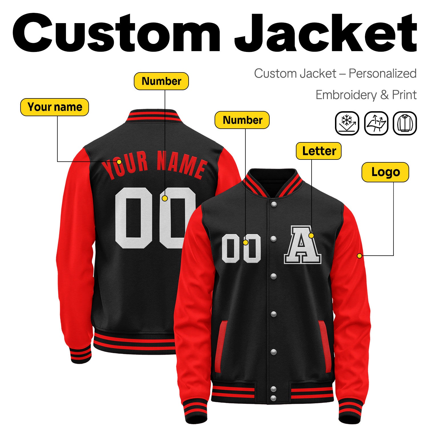 Custom Varsity Jacket with Stitched Name & Number | Black & Red Personalized Team Letterman Bomber