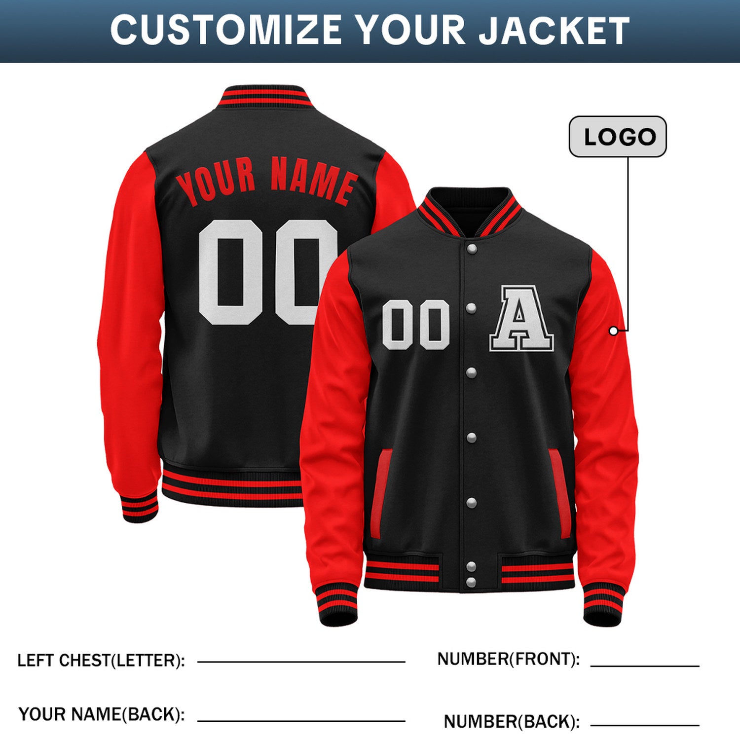 Custom Varsity Jacket with Stitched Name & Number | Black & Red Personalized Team Letterman Bomber