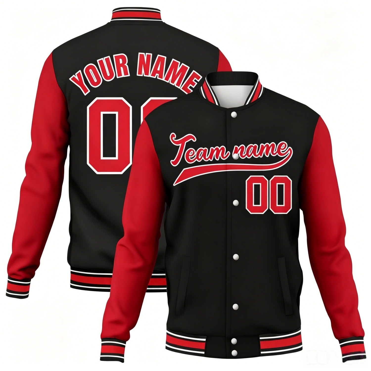 Custom black-red contrast sleeve stitched varsity baseball jacket by Vosoli | Personalized team name & number jacket for youth & adults