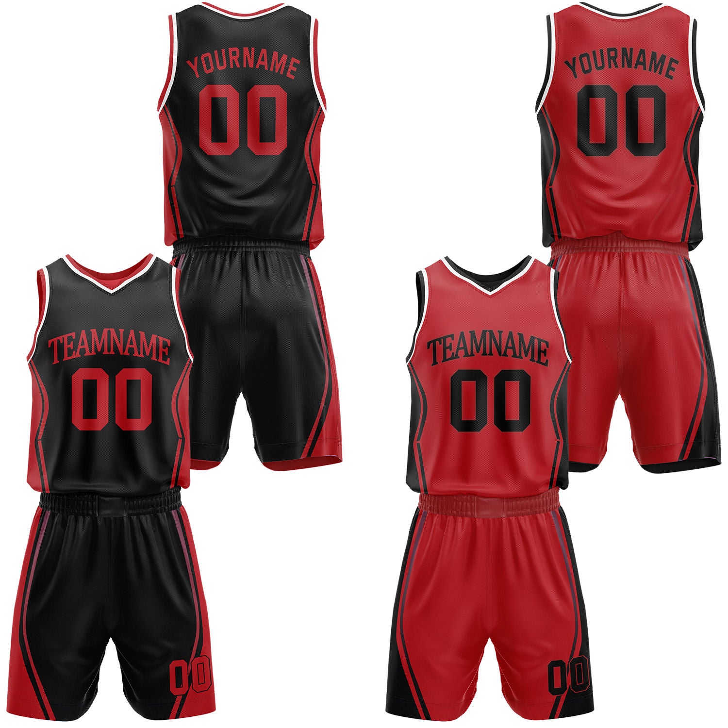 Custom black & red reversible basketball jersey shorts set by Vosoli | Personalized block team name number geometric uniform sportswear